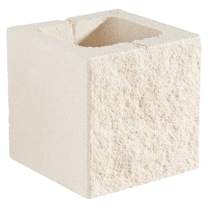 Bloque de hormigón poroso Split - 20 x 20 x 20 cm, Blanco, Hormigón, Ligeramente irregular - Un bloque de hormigón color crema con una abertura cuadrada en el centro, ideal para proyectos de construcción y paisajismo.