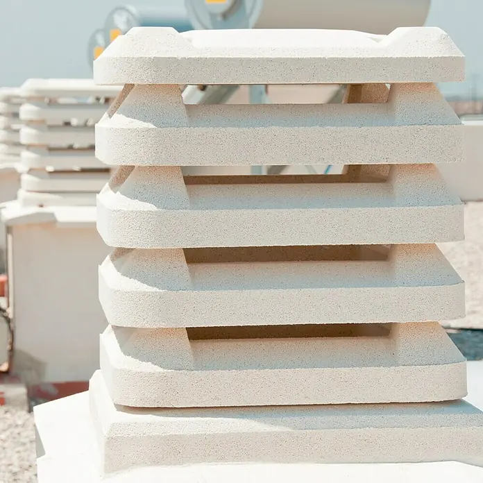 Aspirador estático 50 - Blanco - Un primer plano muestra una torre de piedra beige con aberturas rectangulares y esquinas redondeadas, asentada sobre una superficie clara cubierta de grava.