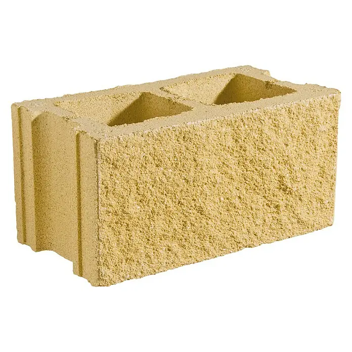 Bloque de hormigón poroso Split - 40 x 20 x 20 cm, Crema, Hormigón, Ligeramente irregular - Un solo bloque de hormigón amarillo con dos orificios, ideal para proyectos de construcción y paisajismo.