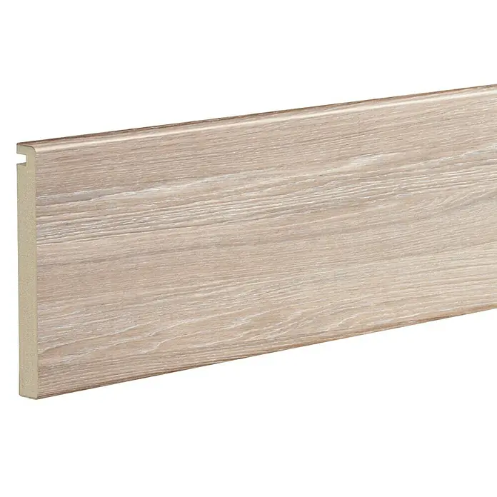 Solid Elements Tapeta ranurada - 8 x 220 cm, Roble Gris, 5 ud. - Un zócalo individual con un acabado de grano de madera clara, adecuado para instalar alrededor del perímetro de un piso.