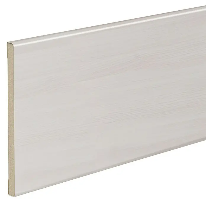 Solid Elements Embellecedor de madera cubreguía Fresno Eslovenia - Blanco - Primer plano de un rodapié blanco con una sutil veta de madera, perfecto para interiores modernos y acabado decorativo de paredes.