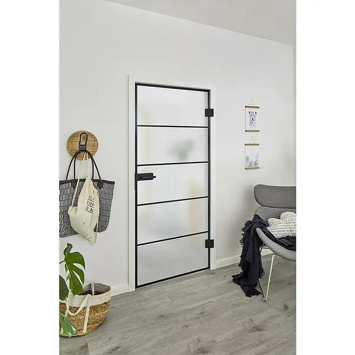 Diamond Doors Black Edition Glasdrehtür Lines - 834 x 1.972 mm, DIN Rechts, Milchglas - Schwarze Glastür mit klaren Linien und mattem Glas als stilvolles Designelement für moderne Innenräume. Schlichte Eleganz für jedes Zuhause.