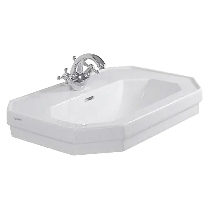 Duravit 1930 Waschtisch - 60 x 41 cm, Ohne Spezialglasur, Hahnloch: Mitte, Anzahl Hahnlöcher: 1, Weiß - Ein elegantes Waschbecken mit glänzender Armatur, ideal für ein stilvolles Badezimmer. Das Waschbecken besticht durch sein klassisches Design.