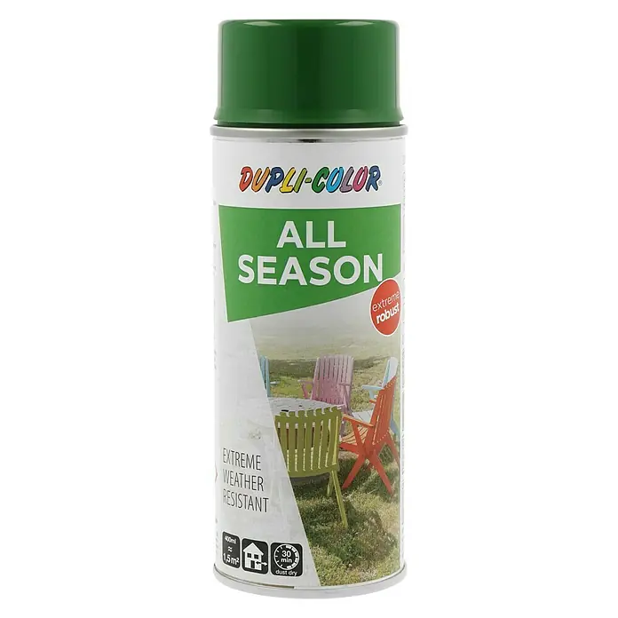 Dupli-Color Color Sprühlack ALL SEASON RAL 6002 - Laubgrün, Glänzend, 400 ml - Dose Dupli-Color All Season Sprühfarbe in Grün, geeignet für extreme Wetterbedingungen und robuste Anwendungen im Außenbereich.