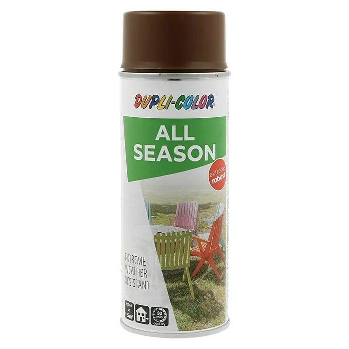 Dupli-Color Color Sprühlack ALL SEASON RAL 8011 - Nussbraun, Matt, 400 ml - Eine Dose Dupli-Color All Season Sprühfarbe in Braun, ideal für wetterbeständige und robuste Anwendungen im Außenbereich.