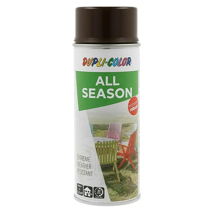 Dupli-Color Color Sprühlack ALL SEASON RAL 8017 - Schokoladenbraun, Glänzend, 400 ml - Dose Dupli-Color All Season Sprühfarbe in Braun. Extrem robust und wetterbeständig für alle Jahreszeiten und Oberflächen im Außenbereich.