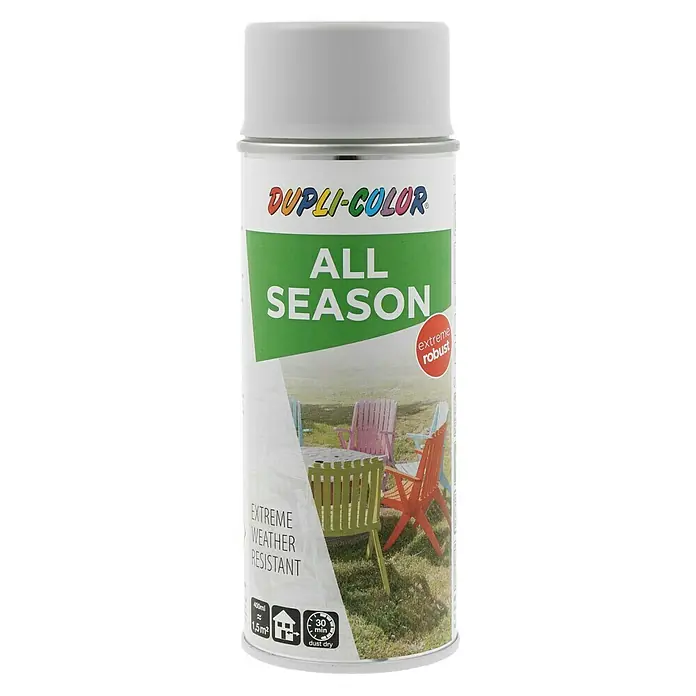 Dupli-Color Color Sprühlack ALL SEASON RAL 7035 - Lichtgrau, Matt, 400 ml - Abbildung einer Sprühdose Dupli-Color All Season, die für ihre Wetterbeständigkeit und Robustheit bekannt ist. Ideal für diverse Oberflächen.