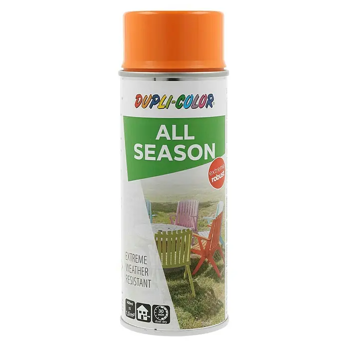 Dupli-Color Color Sprühlack ALL SEASON RAL 2003 - Pastellorange, Glänzend, 400 ml - Eine Dose Dupli-Color All Season Sprühfarbe in Orange, ideal für wetterbeständige Außenanwendungen und schnelle Trocknung.
