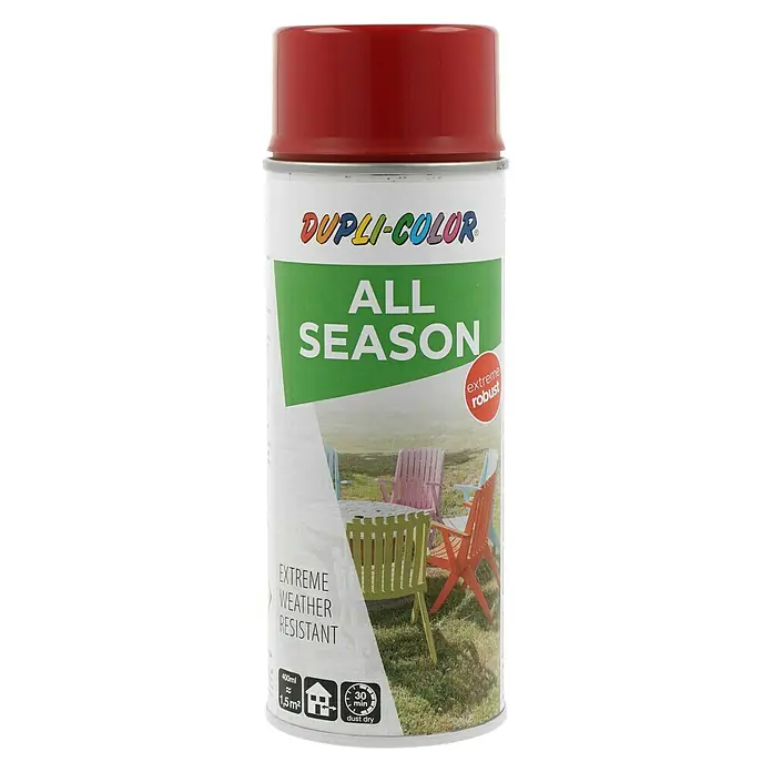 Dupli-Color Color Sprühlack ALL SEASON RAL 3003 - Rubinrot, Glänzend, 400 ml - Dose Dupli-Color All Season Sprühfarbe in Rot. Extrem robust und wetterbeständig, ideal für den Einsatz zu jeder Jahreszeit für diverse Oberflächen.