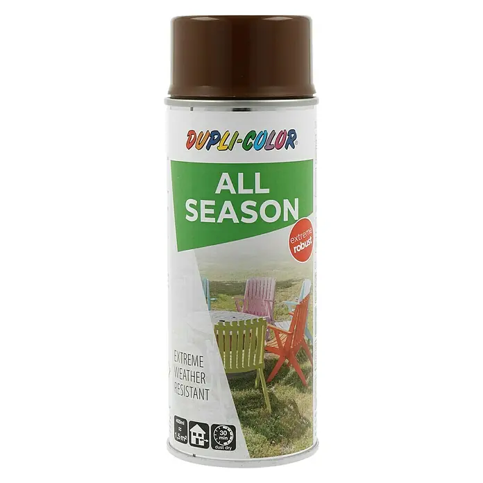 Dupli-Color Color Sprühlack ALL SEASON RAL 8011 - Nussbraun, Glänzend, 400 ml - Abbildung einer Dupli-Color All Season Sprühfarbe in Braun, ideal für robuste und wetterbeständige Anwendungen im Außenbereich.