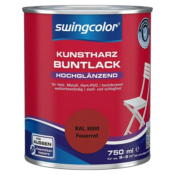 swingcolor Buntlack Kunstharz für Außen - Feuerrot, Hochglänzend, 750 ml, Lösemittelbasiert - Farbdose Swingcolor Kunstharz Buntlack hochglänzend RAL 3000 Feuerrot, 750 ml, für Holz, Metall und Hart-PVC, lösemittelbasiert und für Außen geeignet.