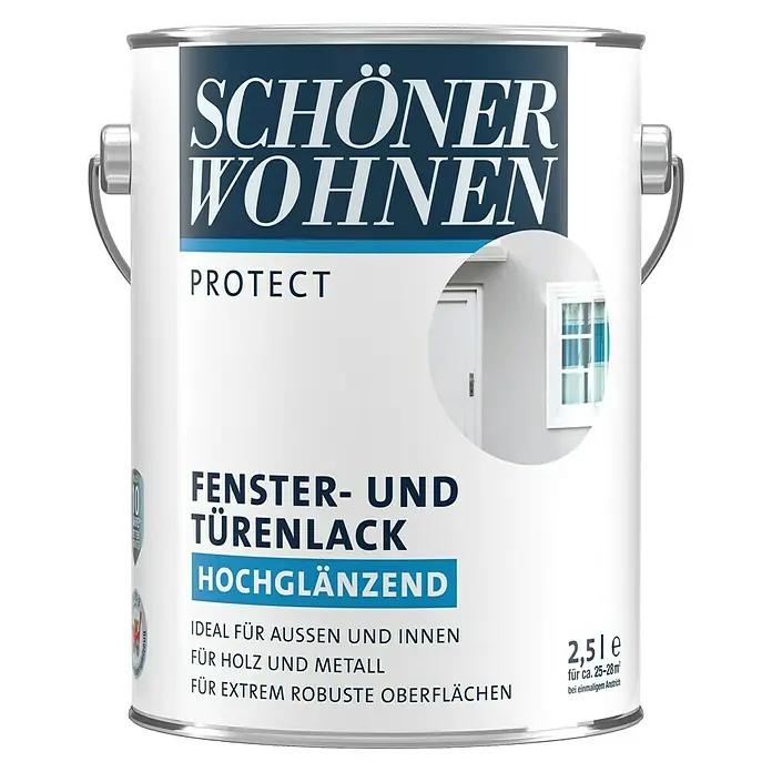 SCHÖNER WOHNEN-Farbe Protect Fenster- & Türenlack - Reinweiß, Glänzend, 2,5 l, Lösemittelbasiert - Dose "Schöner Wohnen Protect" Fenster- und Türenlack, hochglänzend, 2,5l, ideal für Holz und Metall, für robuste Oberflächen.