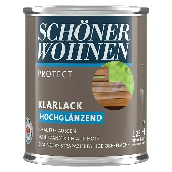 SCHÖNER WOHNEN-Farbe Protect Klarlack - Farblos, Hochglänzend, 125 ml, Lösemittelbasiert - Dose "Schöner Wohnen Protect Klarlack Hochglänzend" für Holzschutz im Außenbereich. Ideal für strapazierfähige Oberflächen, 125ml Inhalt.