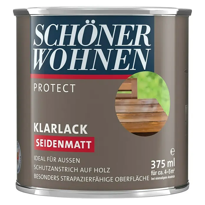 SCHÖNER WOHNEN-Farbe Protect Klarlack - Farblos, Seidenmatt, 375 ml, Lösemittelbasiert - Dose Schönen Wohnen Klarlack Protect Seidenmatt, ideal für den Außenbereich. Schützt Holz und bietet strapazierfähige Oberfläche.