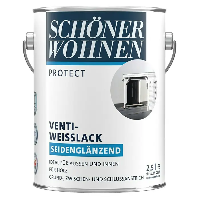 SCHÖNER WOHNEN-Farbe Protect Weißlack - Reinweiß, Seidenglänzend, 2,5 l, Lösemittelbasiert - Dose „Schöner Wohnen“ Venti-Weißlack Seidenglänzend, ideal für Holz im Innen- und Außenbereich, mit 2,5l Inhalt für ca. 25-28m².