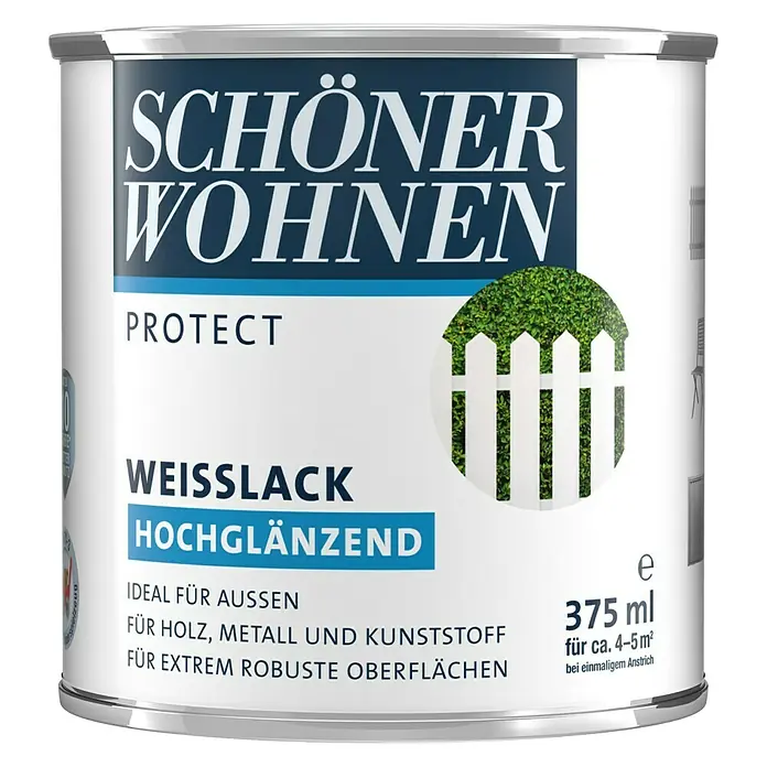 SCHÖNER WOHNEN-Farbe Protect Weißlack - Weiß, Hochglänzend, 375 ml, Lösemittelbasiert - Dose „Schöner Wohnen Protect Weisslack Hochglänzend“ mit weißem Lack für Holz, Metall und Kunststoff.