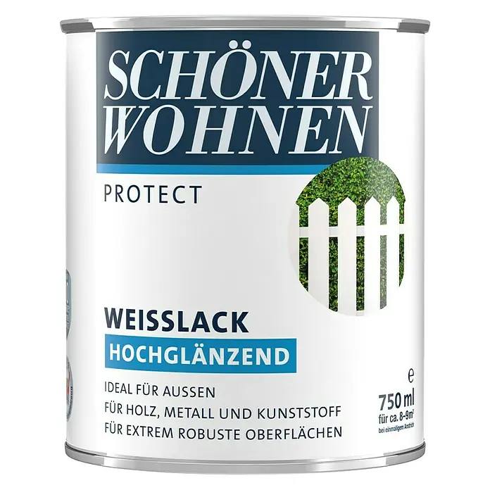 SCHÖNER WOHNEN-Farbe Protect Weißlack - Weiß, Hochglänzend, 750 ml, Lösemittelbasiert - Dose SCHÖNER WOHNEN PROTECT Weißlack hochglänzend, ideal für Holz, Metall und Kunststoff im Außenbereich, für robuste Oberflächen.