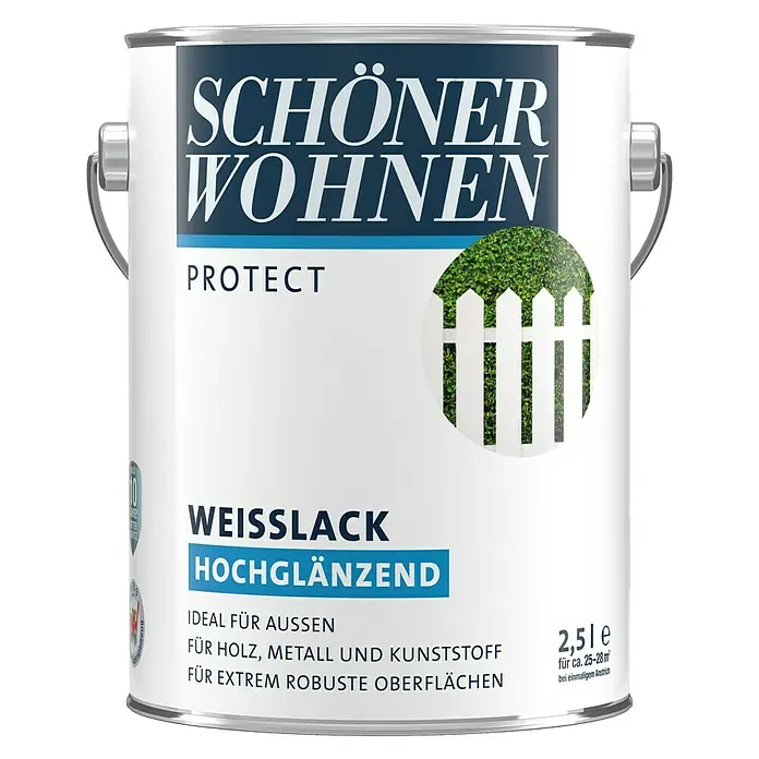 SCHÖNER WOHNEN-Farbe Protect Weißlack - Weiß, Hochglänzend, 2,5 l, Lösemittelbasiert - Dose Weißlack hochglänzend von Schöner Wohnen Protect für Holz, Metall und Kunststoff im Außenbereich.