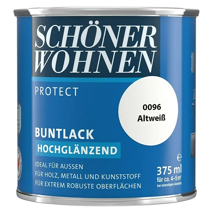 SCHÖNER WOHNEN-Farbe Protect Buntlack - Altweiß, Hochglänzend, 375 ml, Lösemittelbasiert - Farbdose "Schöner Wohnen Protect Buntlack Hochglänzend" in Altweiß (0096), ideal für Holz, Metall und Kunststoff, für robuste Oberflächen.