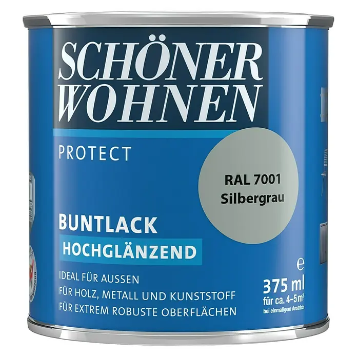 SCHÖNER WOHNEN-Farbe Protect Buntlack RAL 7001 - Silbergrau, Hochglänzend, 375 ml, Lösemittelbasiert - Dose Schöner Wohnen Buntlack Protect Hochglänzend Silbergrau RAL 7001 mit 375 ml Inhalt für den Außenbereich.