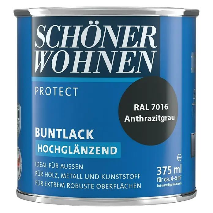 SCHÖNER WOHNEN-Farbe Protect Buntlack RAL 7016 - Anthrazitgrau, Hochglänzend, 375 ml, Lösemittelbasiert - Dose Schöner Wohnen Buntlack Protect Anthrazitgrau, hochglänzend, 375 ml, geeignet für Holz, Metall und Kunststoff im Außenbereich.