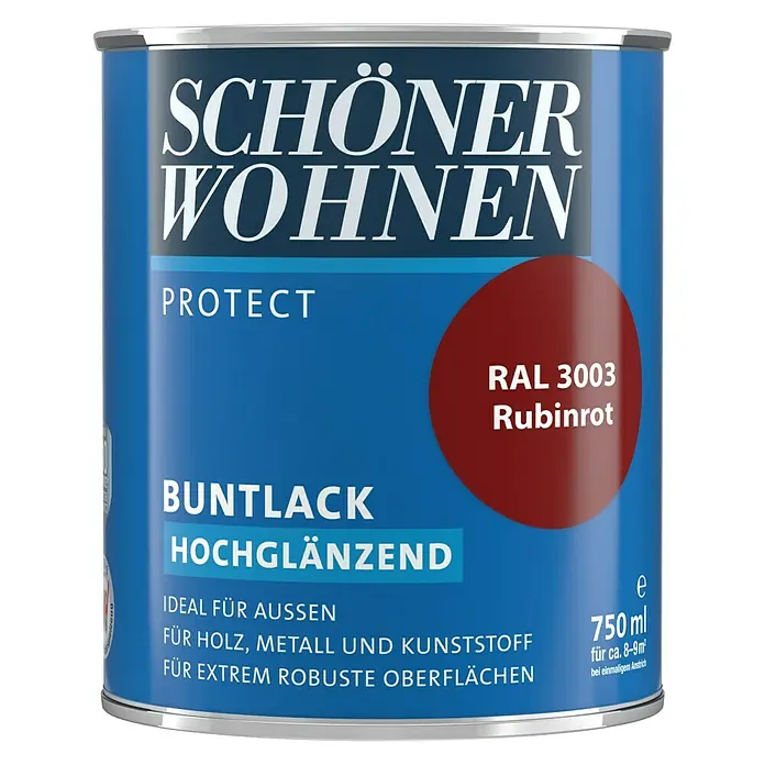 SCHÖNER WOHNEN-Farbe Protect Buntlack RAL 3003 - Rubinrot, Hochglänzend, 750 ml, Lösemittelbasiert - Farbdose "Schöner Wohnen Protect Buntlack Hochglänzend Rubinrot" mit 750 ml Inhalt für Holz, Metall und Kunststoff.