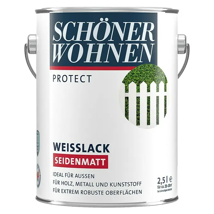 SCHÖNER WOHNEN-Farbe Protect Weißlack - Weiß, Seidenmatt, 2,5 l, Lösemittelbasiert - Dose Schöner Wohnen Protect Weißlack Seidenmatt, ideal für Holz, Metall und Kunststoff, für robuste Oberflächen im Aussenbereich.