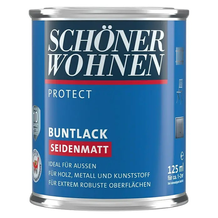 SCHÖNER WOHNEN-Farbe Protect Buntlack RAL 6005 - Moosgrün, Seidenmatt, 125 ml, Lösemittelbasiert - Dose Schönner Wohnen Buntlack Protect seidenmatt. Ideal für Holz, Metall und Kunststoff, bietet 10 Jahre Wetterschutz. Inhalt: 125ml.