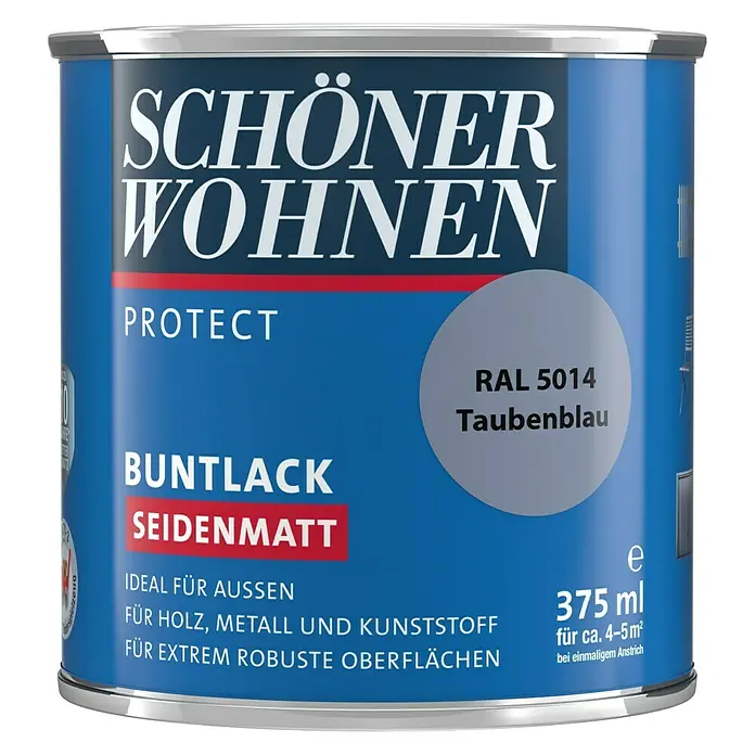 SCHÖNER WOHNEN-Farbe Protect Buntlack RAL 5014 - Taubenblau, Seidenmatt, 375 ml, Lösemittelbasiert - Farbdose „Schöner Wohnen Protect Buntlack Seidenmatt“ in Taubenblau (RAL 5014), ideal für Holz, Metall und Kunststoff im Außenbereich.