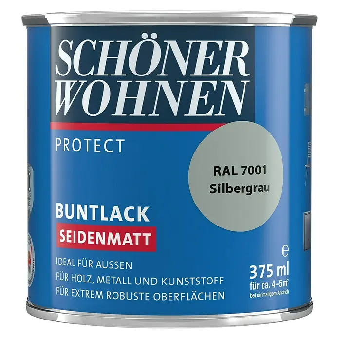 SCHÖNER WOHNEN-Farbe Protect Buntlack RAL 7001 - Silbergrau, Seidenmatt, 375 ml, Lösemittelbasiert - Farbdose "Schöner Wohnen Protect Buntlack Seidenmatt" in Silbergrau (RAL 7001), geeignet für Holz, Metall und Kunststoff, 375ml Dose.