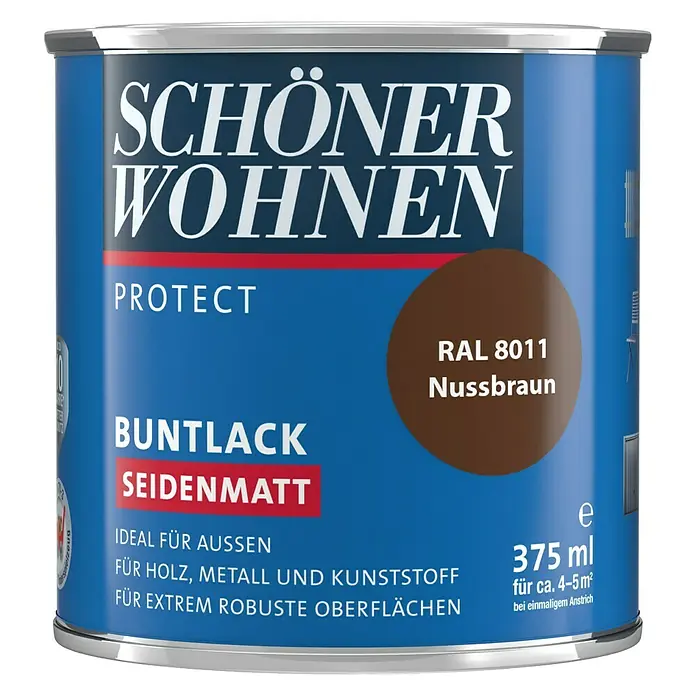 SCHÖNER WOHNEN-Farbe Protect Buntlack RAL 8011 - Nussbraun, Seidenmatt, 375 ml, Lösemittelbasiert - Dose Schöner Wohnen Buntlack Protect Seidenmatt Nussbraun RAL 8011. Ideal für Holz, Metall und Kunststoff.