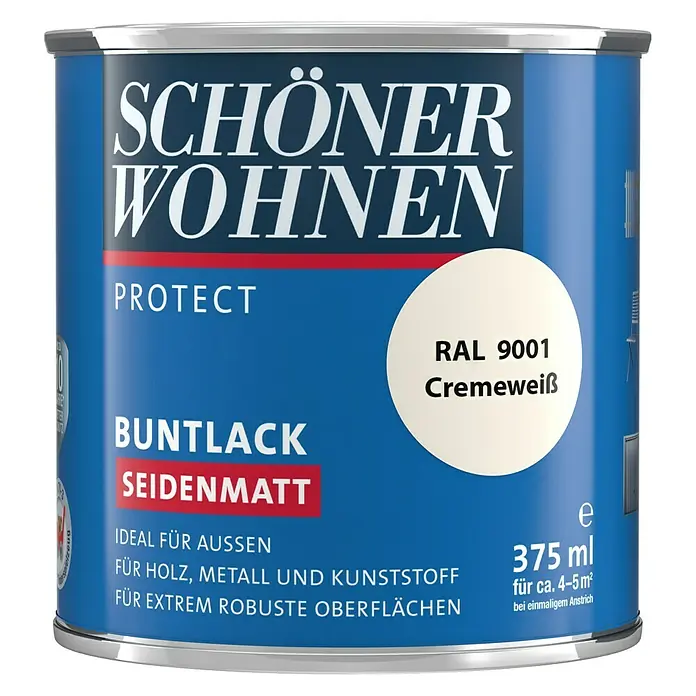 SCHÖNER WOHNEN-Farbe Protect Buntlack RAL 9001 - Cremeweiß, Seidenmatt, 375 ml, Lösemittelbasiert - Farbdose „Schöner Wohnen Protect Buntlack Seidenmatt“ in Cremeweiß RAL 9001, ideal für Holz, Metall und Kunststoff im Außenbereich.