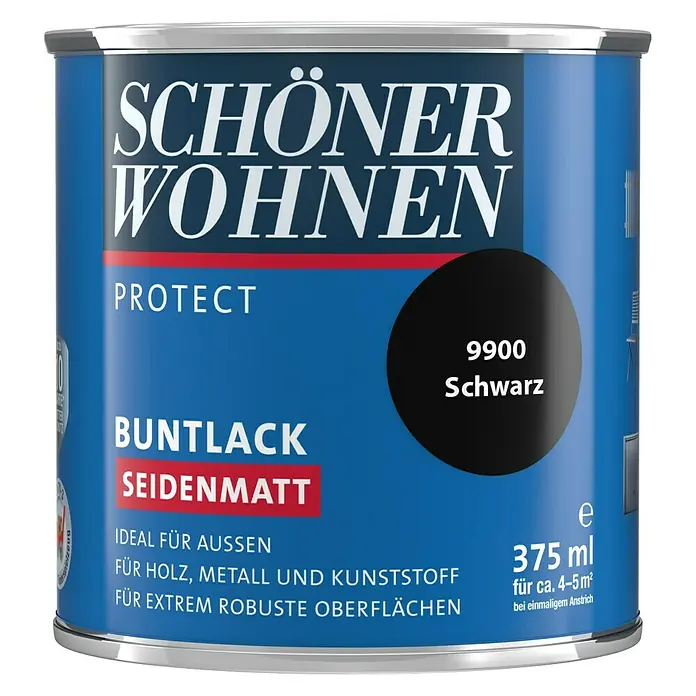 SCHÖNER WOHNEN-Farbe Protect Buntlack - Schwarz, Seidenmatt, 375 ml, Lösemittelbasiert - Dose Schöner Wohnen Protect Buntlack Seidenmatt 9900 Schwarz, geeignet für Holz, Metall und Kunststoff, mit 375 ml Inhalt.