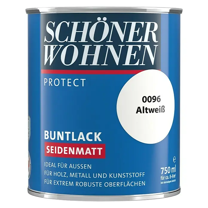 SCHÖNER WOHNEN-Farbe Protect Buntlack - Altweiß, Seidenmatt, 750 ml, Lösemittelbasiert - Dose Schöner Wohnen Buntlack Seidenmatt in Altweiß, ideal für Holz, Metall und Kunststoff, mit 750ml Inhalt für robuste Oberflächen.