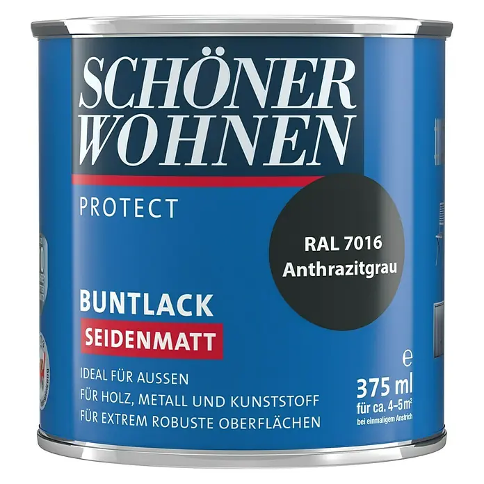 SCHÖNER WOHNEN-Farbe Protect Buntlack RAL 7016 - Anthrazitgrau, Seidenmatt, 375 ml, Lösemittelbasiert - Dose „Schöner Wohnen Protect Buntlack Seidenmatt“ in Anthrazitgrau, ideal für Holz, Metall und Kunststoff, mit 375 ml Inhalt für robuste Oberflächen.