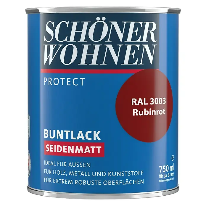 SCHÖNER WOHNEN-Farbe Protect Buntlack RAL 3003 - Rubinrot, Seidenmatt, 750 ml, Lösemittelbasiert - Farbdose "Schöner Wohnen Protect Buntlack Seidenmatt" in Rubinrot (RAL 3003) mit 750 ml Inhalt für den Aussenbereich.
