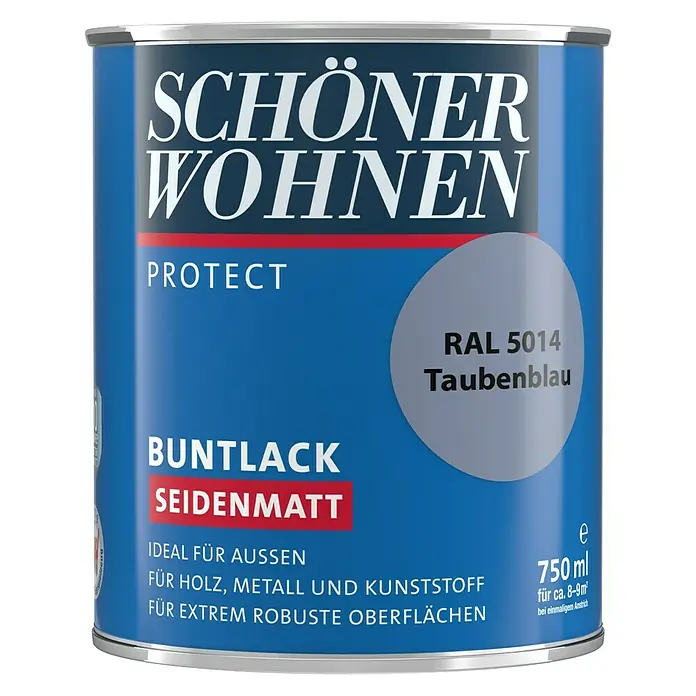 SCHÖNER WOHNEN-Farbe Protect Buntlack RAL 5014 - Taubenblau, Seidenmatt, 750 ml, Lösemittelbasiert - Dose Schöner Wohnen Buntlack Seidenmatt Protect Taubenblau RAL 5014, 750ml für Holz, Metall, Kunststoff und robuste Oberflächen.
