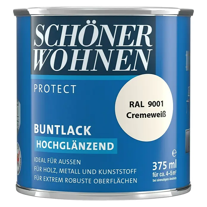 SCHÖNER WOHNEN-Farbe Protect Buntlack - Cremeweiß, Hochglänzend, 375 ml, Lösemittelbasiert - Dose Schöner Wohnen Buntlack Protect, hochglänzend, Farbton Cremeweiß (RAL 9001), 375 ml, für Holz, Metall, Kunststoff und robuste Oberflächen.