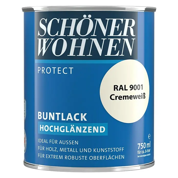 SCHÖNER WOHNEN-Farbe Protect Buntlack - Cremeweiß, Hochglänzend, 750 ml, Lösemittelbasiert - Farbdose Schöner Wohnen Protect Buntlack hochglänzend RAL 9001 Cremeweiß, ideal für Holz, Metall & Kunststoff, 750ml für ca. 8-9m².