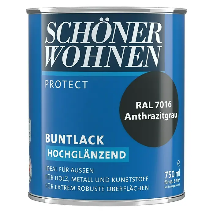 SCHÖNER WOHNEN-Farbe Protect Buntlack - Anthrazitgrau, Hochglänzend, 750 ml, Lösemittelbasiert - Farbdose "Schöner Wohnen Protect Buntlack Hochglänzend" in Anthrazitgrau (RAL 7016), 750ml. Für Holz, Metall und Kunststoff.