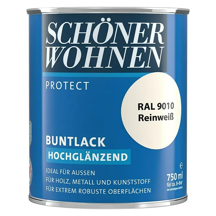 SCHÖNER WOHNEN-Farbe Protect Buntlack - Reinweiß, Hochglänzend, 750 ml, Lösemittelbasiert - Farbdose "Schöner Wohnen Protect Buntlack Hochglänzend RAL 9010 Reinweiß" für Holz, Metall und Kunststoff.