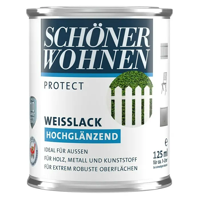 SCHÖNER WOHNEN-Farbe Protect Weißlack - Weiß, Hochglänzend, 125 ml, Lösemittelbasiert - Dose Schöner Wohnen Protect Weißlack Hochglänzend, 125 ml, ideal für Holz, Metall und Kunststoff, für robuste Oberflächen.