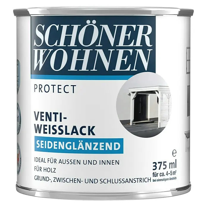 SCHÖNER WOHNEN-Farbe Protect Weißlack - Reinweiß, Seidenglänzend, 375 ml, Lösemittelbasiert - Dose Schönen Wohnen Venti-Weisslack seidenmattes Finish, ideal für Holz im Innen- und Außenbereich, 375 ml für ca. 4-5 m².