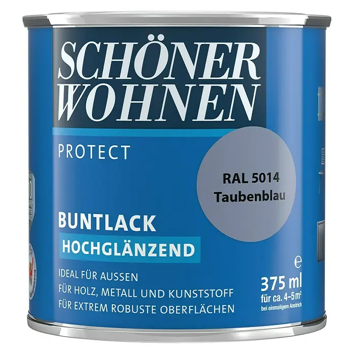 SCHÖNER WOHNEN-Farbe Protect Buntlack - Taubenblau, Hochglänzend, 375 ml, Lösemittelbasiert - Dose Schöner Wohnen Buntlack Protect, hochglänzend, Farbe RAL 5014 Taubenblau, 375ml, geeignet für Holz, Metall und Kunststoff im Außenbereich.