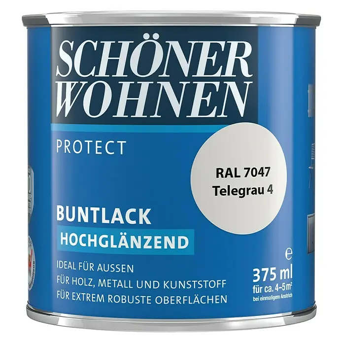 SCHÖNER WOHNEN-Farbe Protect Buntlack - Telegrau, Hochglänzend, 375 ml, Lösemittelbasiert - Dose Schönner Wohnen Buntlack Protect in Telegrau 4, hochglänzend, für Holz, Metall und Kunststoff.