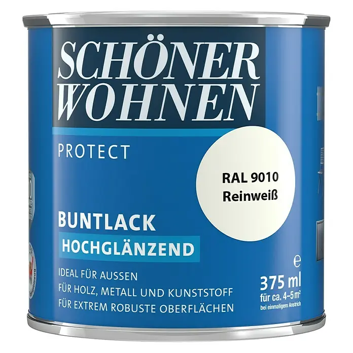 SCHÖNER WOHNEN-Farbe Protect Buntlack - Reinweiß, Hochglänzend, 375 ml, Lösemittelbasiert - Dose Schöner Wohnen Buntlack Protect, hochglänzend, Reinweiß RAL 9010, 375 ml für Holz, Metall und Kunststoff.