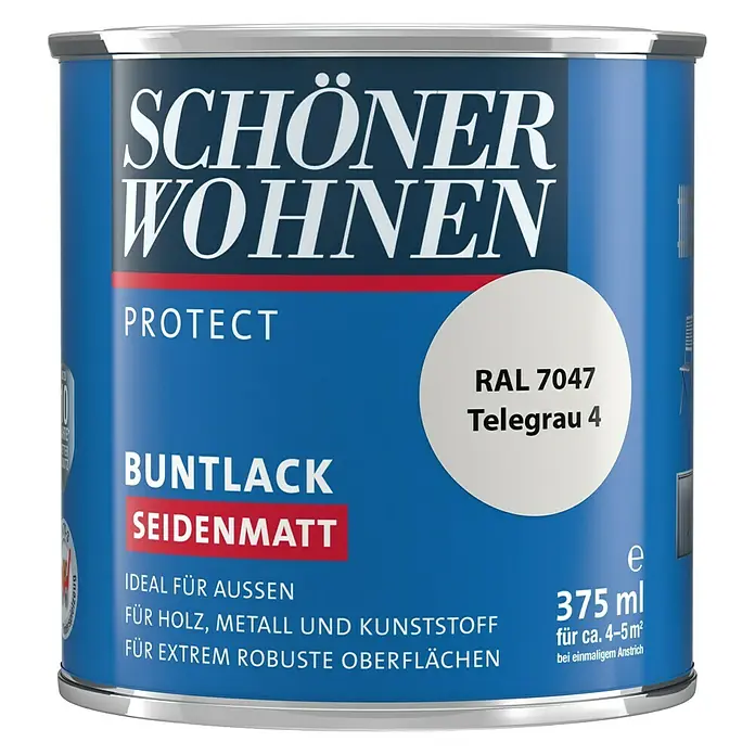 SCHÖNER WOHNEN-Farbe Protect Buntlack - Telegrau, Seidenmatt, 375 ml, Lösemittelbasiert - Farbdose "Schöner Wohnen Protect Buntlack Seidenmatt" in Telegrau 4, 375 ml, ideal für Holz, Metall, Kunststoff, robuste Oberflächen.