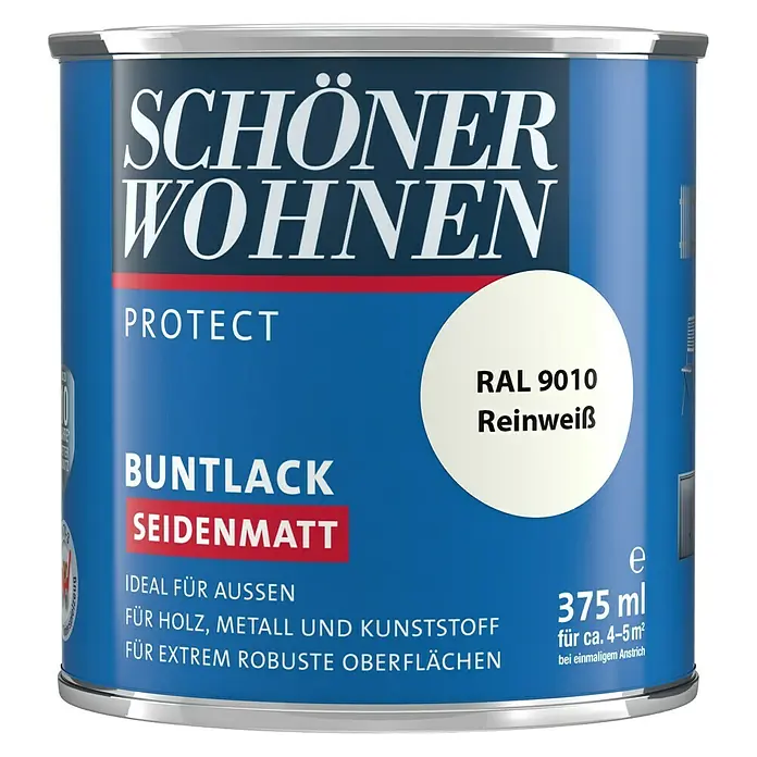 SCHÖNER WOHNEN-Farbe Protect Buntlack - Reinweiß, Seidenmatt, 375 ml, Lösemittelbasiert - Farbdose "Schöner Wohnen Protect Buntlack Seidenmatt" in Reinweiß (RAL 9010), ideal für Holz, Metall und Kunststoff im Innen- und Außenbereich.
