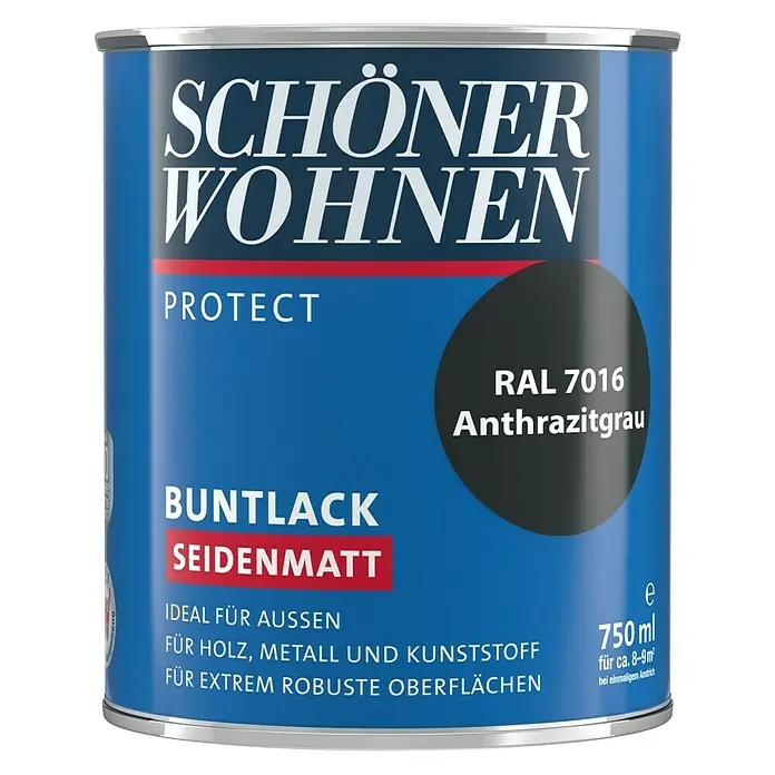 SCHÖNER WOHNEN-Farbe Protect Buntlack - Anthrazitgrau, Seidenmatt, 750 ml, Lösemittelbasiert - Dose Schöner Wohnen Buntlack Seidenmatt Protect Anthrazitgrau RAL 7016, ideal für Außen, Holz, Metall und Kunststoff.