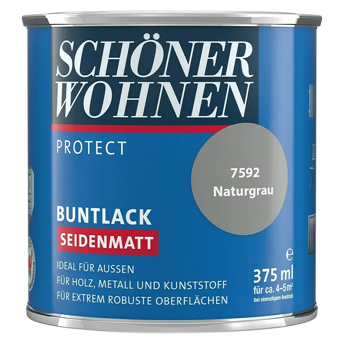 SCHÖNER WOHNEN-Farbe Protect Buntlack - Naturgrau, Seidenmatt, 375 ml, Lösemittelbasiert - Dose Schöner Wohnen Buntlack Seidenmatt Protect in Naturgrau, 375 ml, ideal für Holz, Metall und Kunststoff. Für robuste Oberflächen.